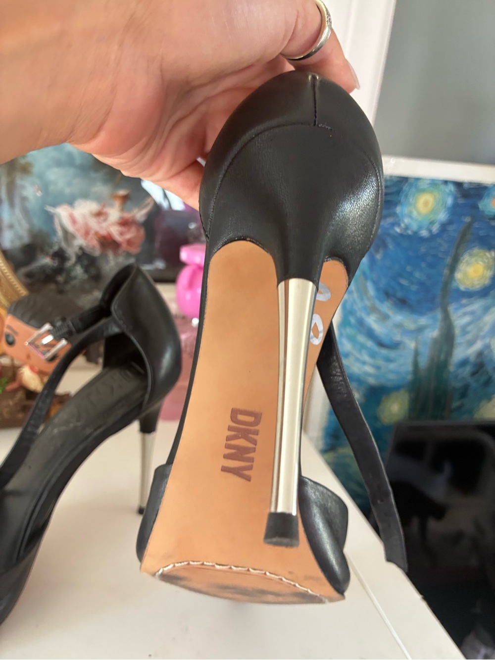 DKNY Black Leather Stiletto Heel with Silver-Tone Metal Heel
